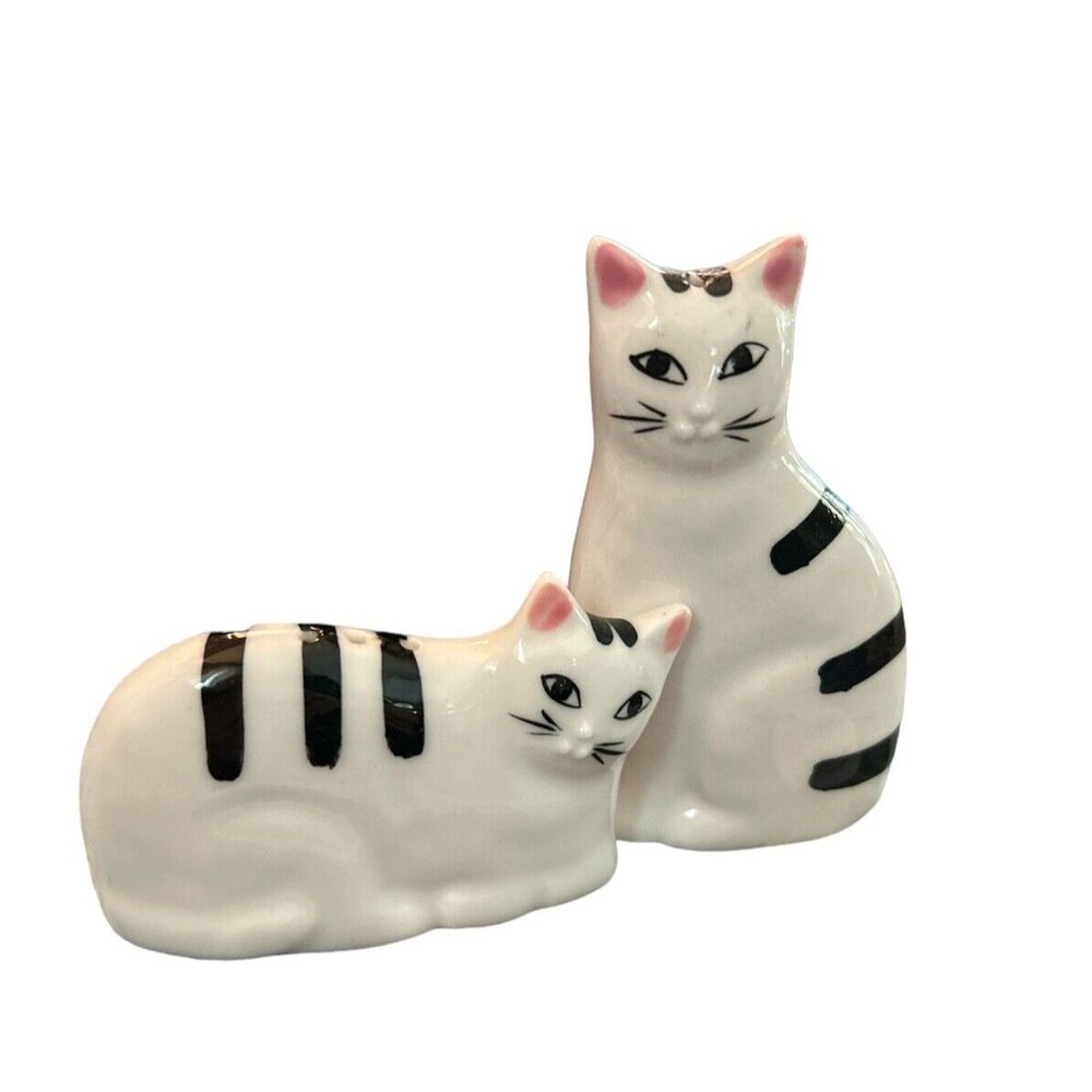 MCM Retro Style White with Black Stripes Kitty Cats Salt Pepper Shakers